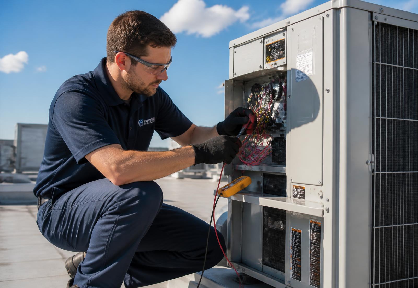 Sequoia Solutions technician servicing a rooftop commercial air conditioning unit
